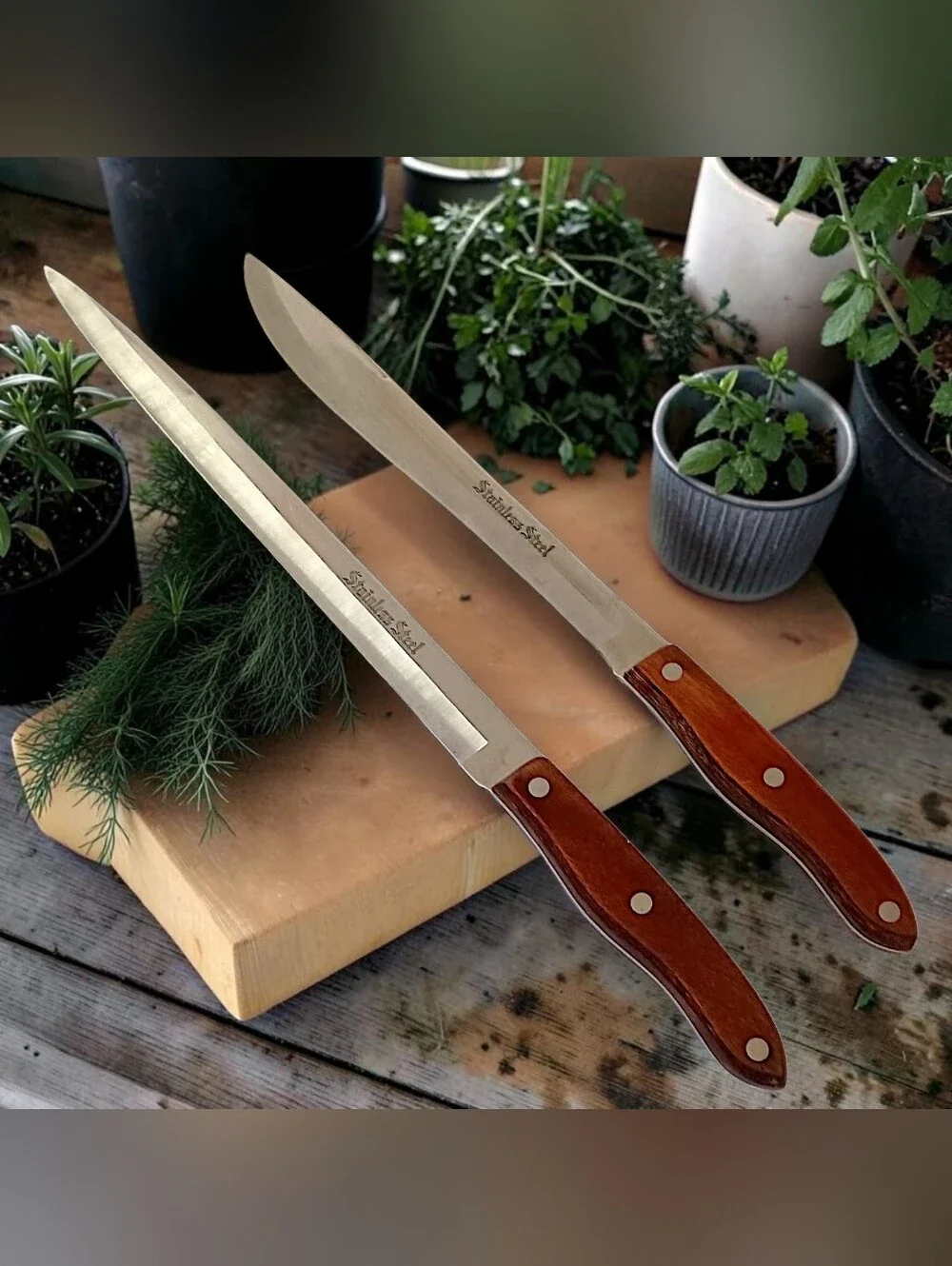 2 Interpur Japan Carving Knives Stainless Steel Blades Wood Handles Full Tang